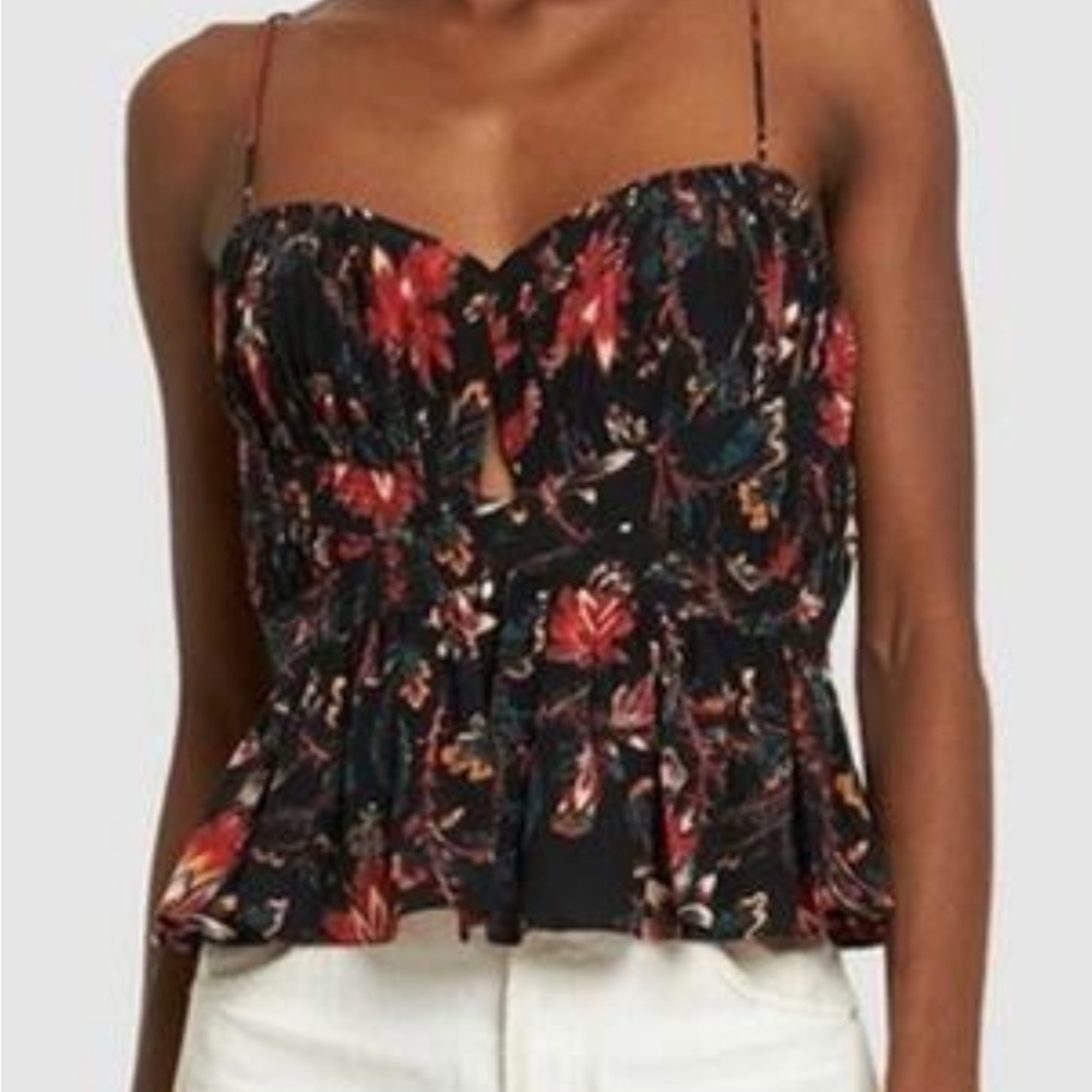 Ulla Johnson Black Floral Peplum Camisole with Red Accents